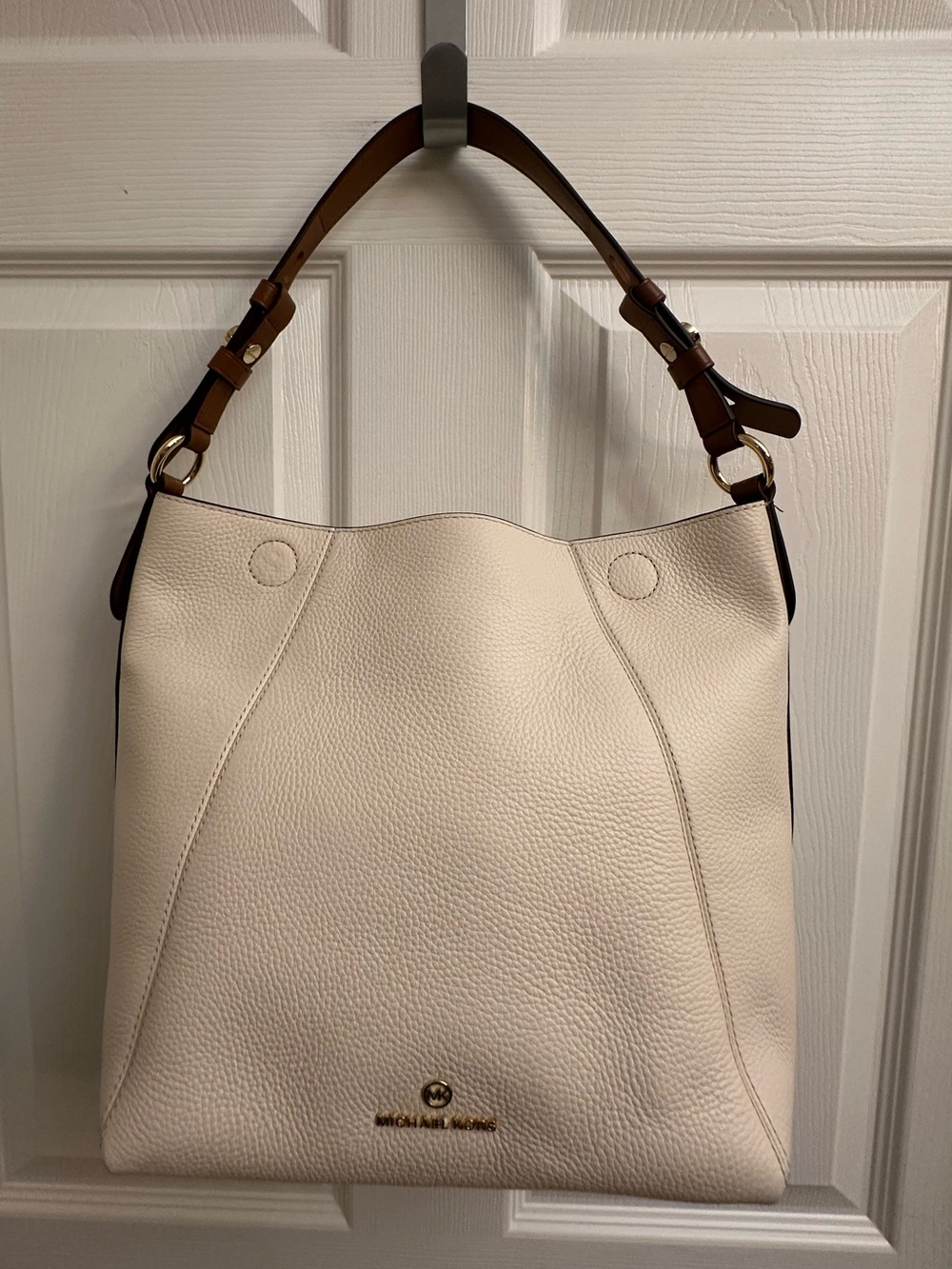 Michael Kors Cream Pebbled Leather Shoulder Hobo with Brown Strap
